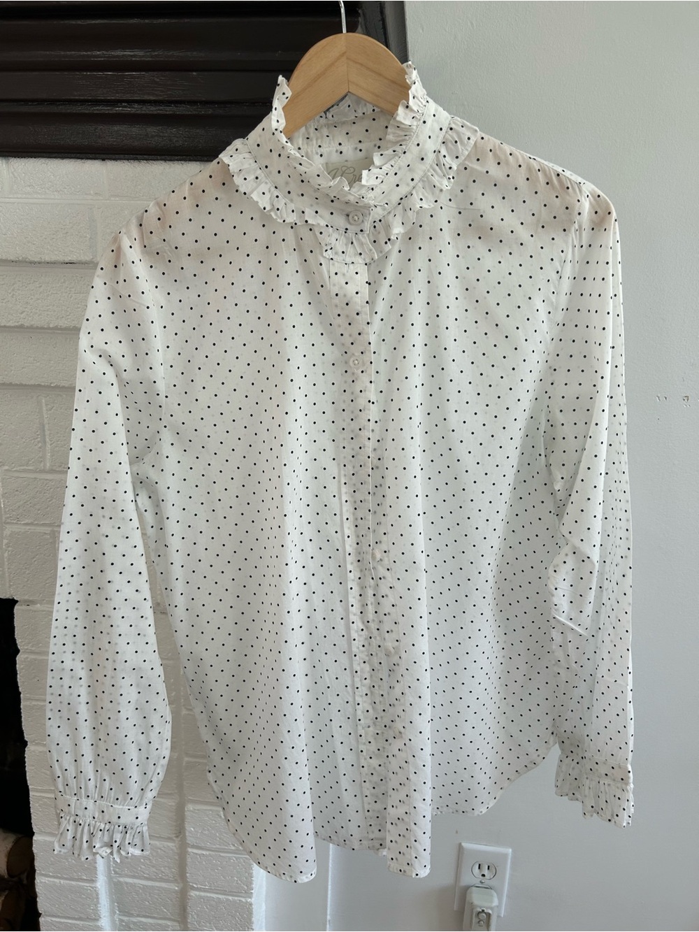 J. Crew White Button-Down Blouse with Black Polka Dots and Ruffle Collar Size 10